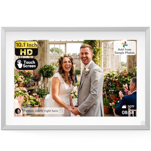 NexFoto 10.1” Digital Picture Frame 64GB, HD Touchscreen WiFi Electronic Photo Frame, Share Photos/Videos via APP/USB, Add Pics from Google Photos, Gift for Mom/Wedding/Birthday, Silver