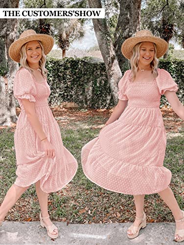 Merokeety Women's Pink Dress Summer Square Neck Flounce Sleeve A Line Pom Pom Midi Dress, Pink, S #TOP5