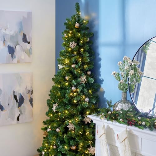 Home Heritage 7ft Pre-Lit Christmas Tree – Artificial Half Pine with 150 Warm White LED Lights and 552 Branch Tips – Indoor Holiday Decor