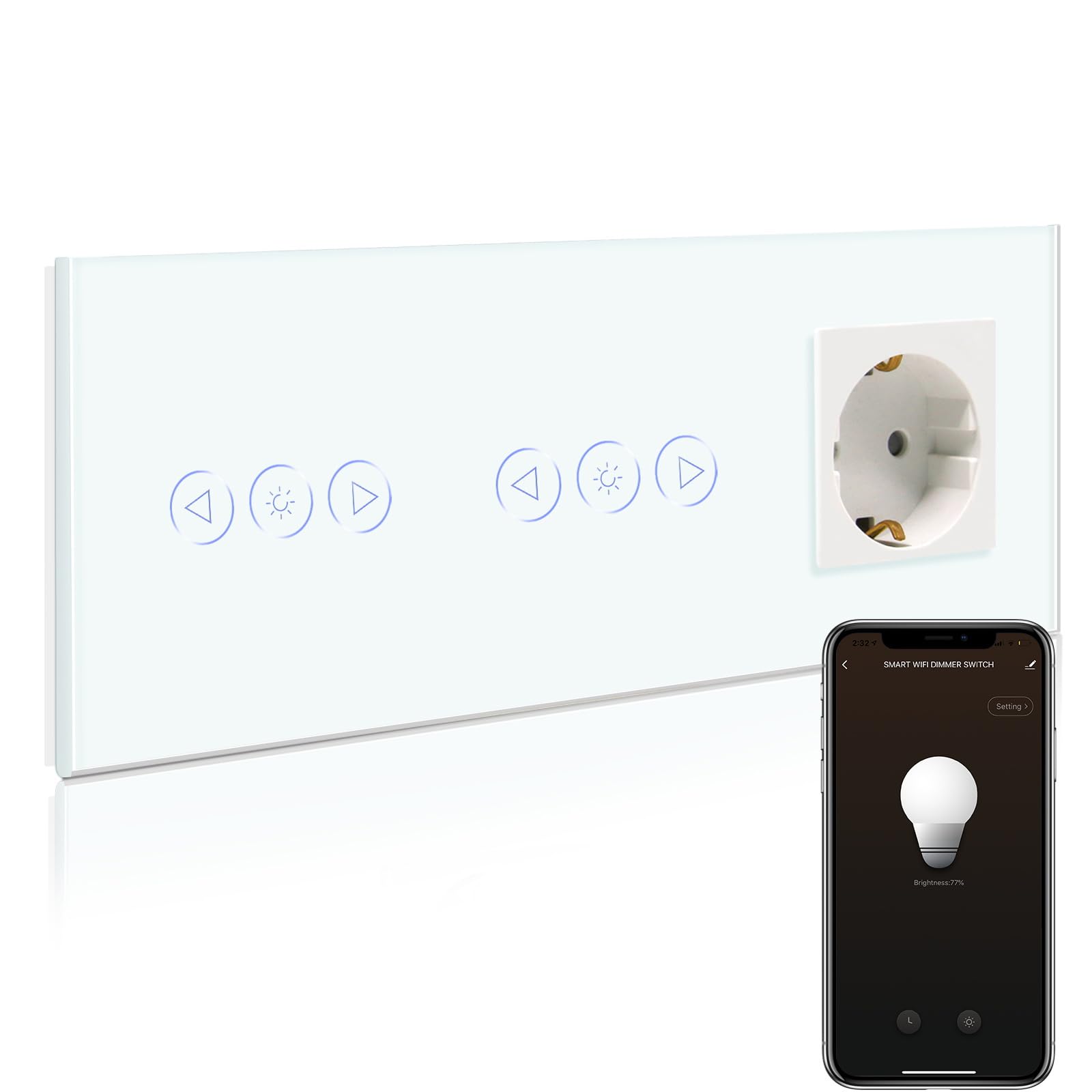 BSEED BSEED Normale Steckdose mit Doppel Smart Alexa Dimmer, smart Lichtschalter Kompatibel mit Alexa/Google Home, wlan Lichtschalter Glas 1 Fach 1 Weg 16Amp Steckdose Weiß (Nullleiter erforderlich)