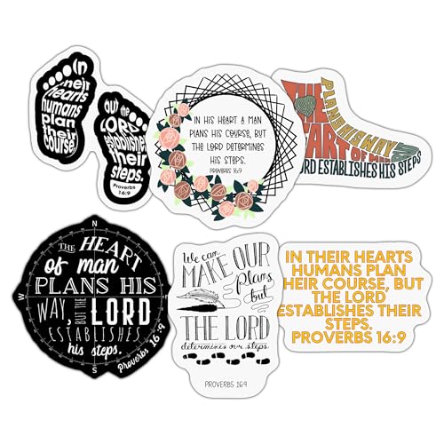 Pack 6 Proverbs 16 9 The Heart of Man Plans His Way, but The Lord Establishes His Steps Waterproof Vinyl Bible Verse Decals, 3 Inch Removable Matte for Laptop, Water Bottle, Journal & Planner