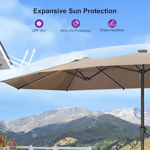 Image of PURPLE LEAF Patio Umbrella 13ft with Base and Solar Lights Outdoor, Taupe