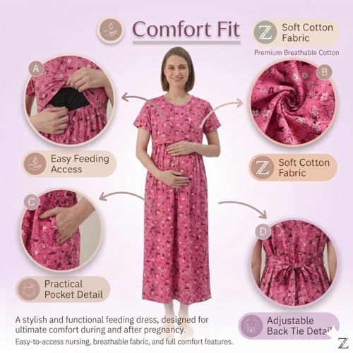 Image of Zero Clothing Feeding Dress for New Moms Casual Loungewear Ankle Length | Cotton Maternity Nighty | Zipless Feeding Dresses for Women | Pregnancy & Nursing Wear
