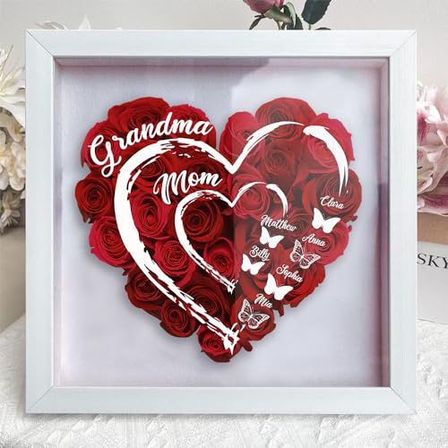 Personalized First Mom Now Grandma Butterflies Flower Shadow Box, Mom Birthday Gifts,, Custom Heart Shaped Frame Dried Flower Picture Frame, for Mom Grandma