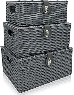 Almineez Set of 3 Resin Woven Wicker Storage Basket Box with Lid Lock | Carry Handles | Multifunctional Box Organiser Decoration - Nursery Baby Clothes Toys Home Bathroom Xmas Gift Hamper (Grey)