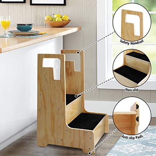 KINGSO Kitchen Helper Stool for Kids, Toddler Step Stool, Wood Step Stool with Support Handles and Non-Slip Mat, Two Step Counter Height Kids Step Stool, Natural