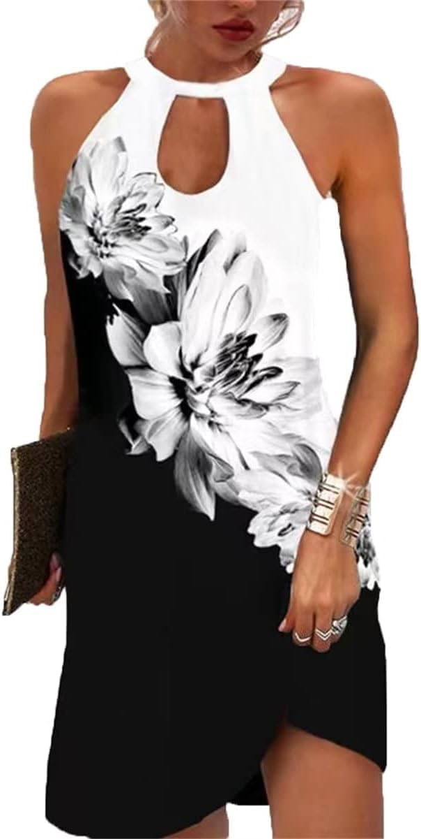 Halter Dresses for Women 2025 Casual Floral Print Summer Dresses Hollow Out A-line Sundresses for Beach Vacation