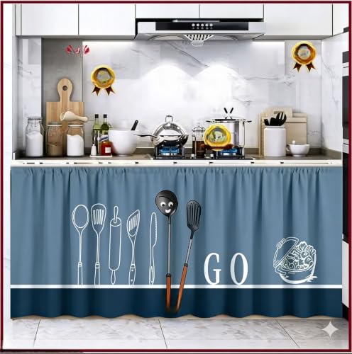 Image of Premium Printed Kitchen Sink Curtain | Washable & Dustproof Rod Pocket Counter Skirt | Perfect for Any Sink,Counter | Multicolor Cooking (Fresh Kitchen, Pack of 2)