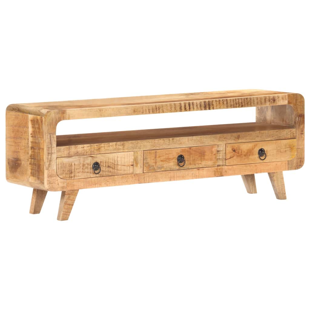 Hothingwell Szafka pod telewizor z litego drewna mango surowe 117x30x41 cm | 3 szuflady, 1 przegródka, miejsce na DVD i konsole, unikalne dzięki naturalnym smugom