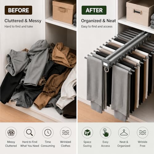 Image of ๐๐๐๐๐ Pull-Out Pants Rack Organizer for Wardrobe, 20 Rod Sliding Trouser Hanger for Closet, Heavy Duty Space Saving Jeans & Pants Holder with Smooth Slide Rail, Wardrobe Organizer - Grey