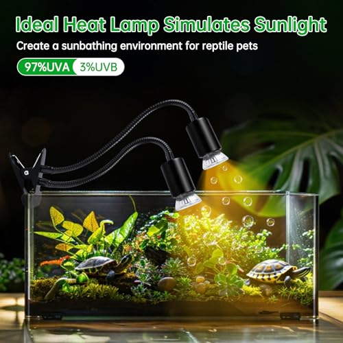 Image of LUCKY HERP Reptile Heat Lamp, Dual Head UVA UVB Reptile Light with Cycle Timer, 360Rotatable Dimmable Aquarium Turtle Tank Basking Light with 4 Bulbs (2PCS 25W and 2PCS 50W)