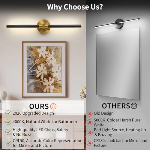 Image of 2026 Upgrade Black Brushed Gold Vanity Light, 18W Brighter 24 inch Gold Bathroom Light Fixtures Linear Modern LED Bathroom Lights Vanity Lighting Fixtures Over Mirror Light Bar, 360 Rotable 4000K CRI 90+