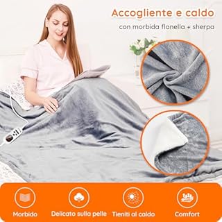 Coperta elettrica Mia&Coco, 180x130 cm, 10 impostazioni di temperatura, timer di spegnimento automatico dopo 9 ore, protezione dal surriscaldamento, lavabile in lavatrice, grigio