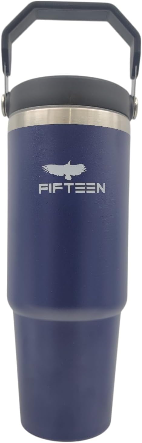 30oz Insulated Stainless Steel Water Bottle with Handle | Leakproof Tumbler with Straw & Flip Lid | BPA-Free, Double Wall Vacuum Flask for Hot & Cold Drinks | Gym, Travel & Office (Navy Blue)