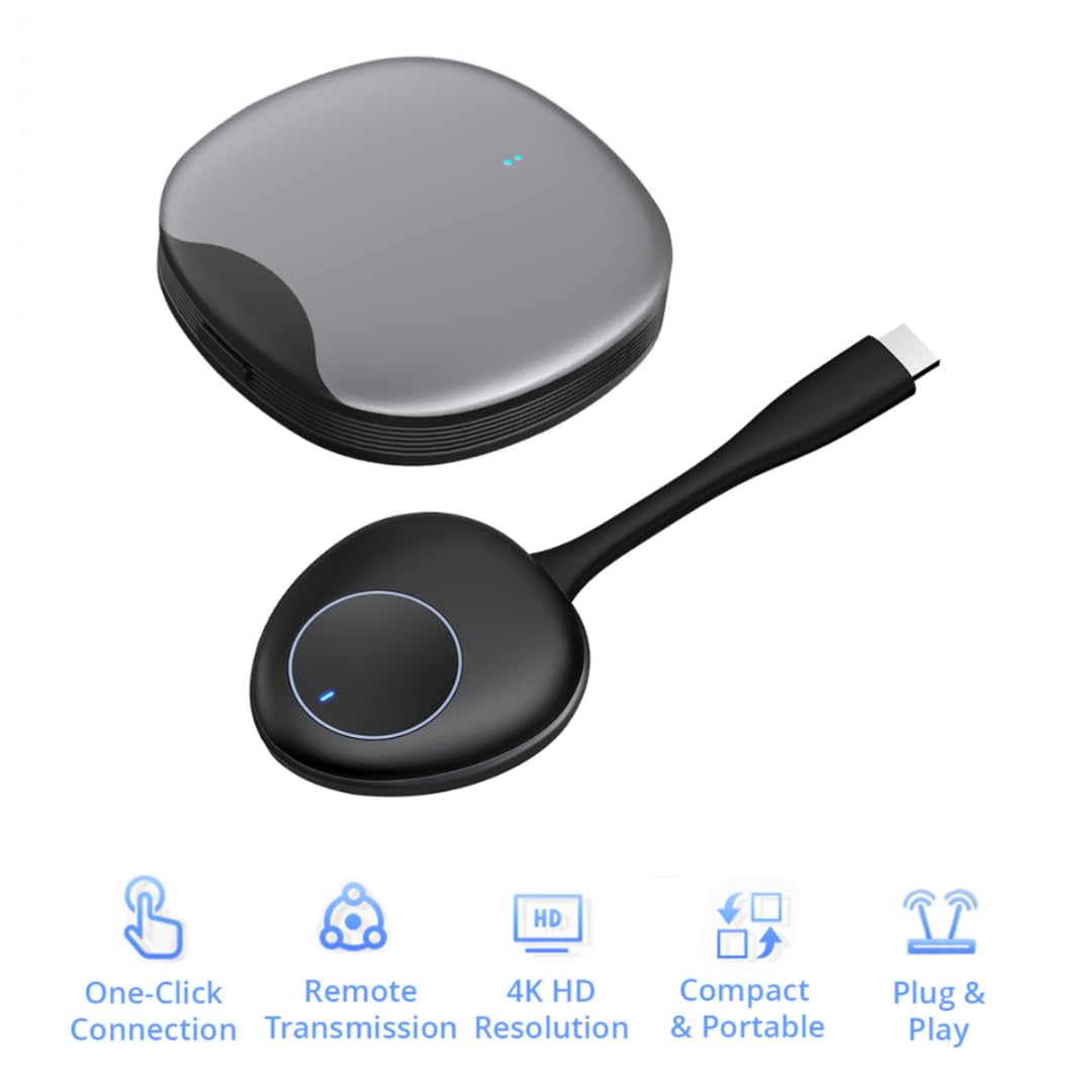 4K UHD Wireless Transmitter Receiver for Screen Mirroring Laptop/PC/Phone to TV/Projector/Monitor. 30m Range, No Wi-Fi, Plug & Play. Compatible with HDMI, Teams, Zoom, Webex (w/1 Pod)