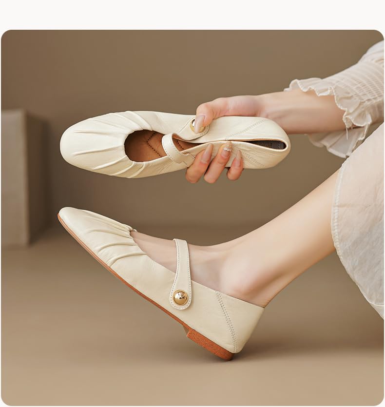 Womens Genuine Leather Mary Jane Shoes, Closed Round Toe Low Heel Flats with Buckle Straps Work Casual Dressy Slip On Shoes White4