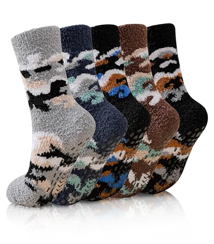 YEEKAORA Mens Fluffy Socks With Grips Mens Slipper Socks Non Slip Winter Warm Extra Thick Plush Cabin Home Sleeping Socks (Camouflage)