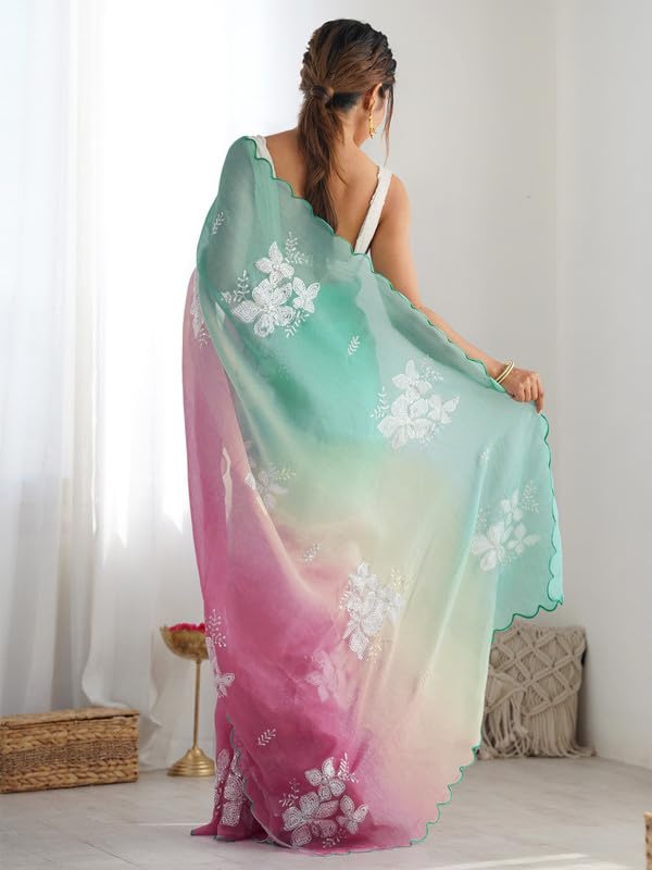 Image of Women's Orange-Yellow Ombre Saree with Floral Embroidery | Lightweight & Festive Saree | Elegant Ethnic Wear for Women