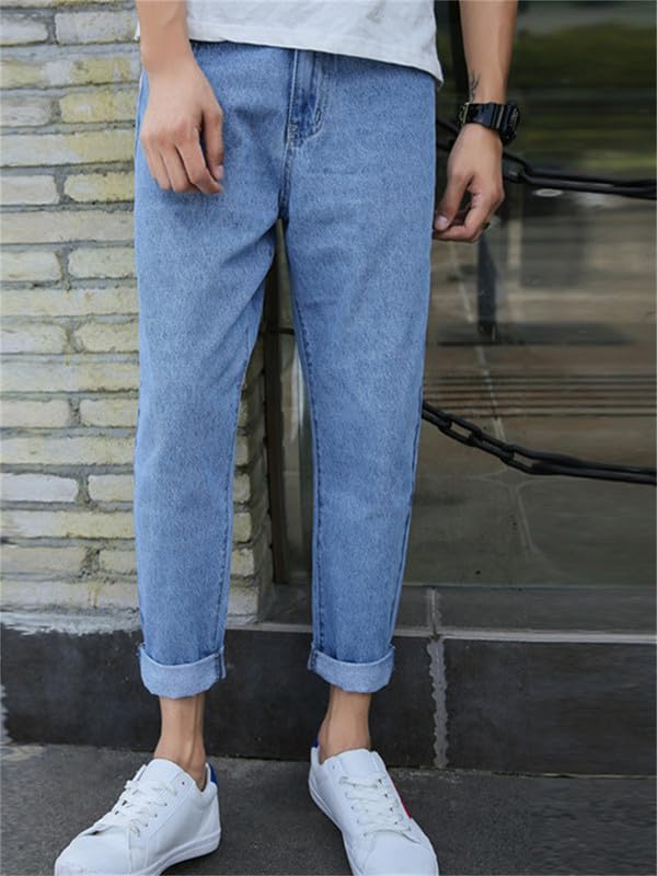 Andongnywell Men's Loose Cropped Ripped Jeans Slim fit Loose feet Straight Trousers Cropped Long Denim Pants2