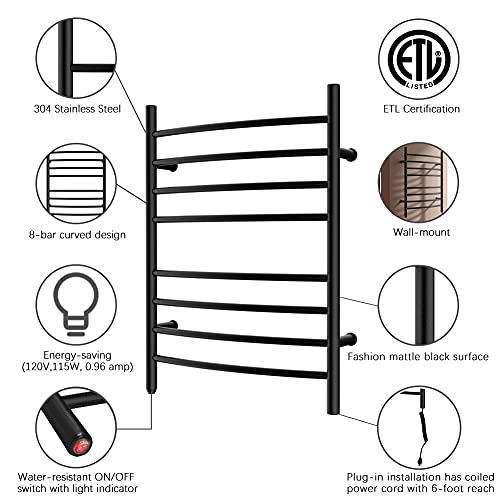 HEATGENE Towel Warmer 8 Bar Plug-in Curved Bath Towel Heater Towel Warmer for Bathroom Plug-in Drying Rack Matte Black