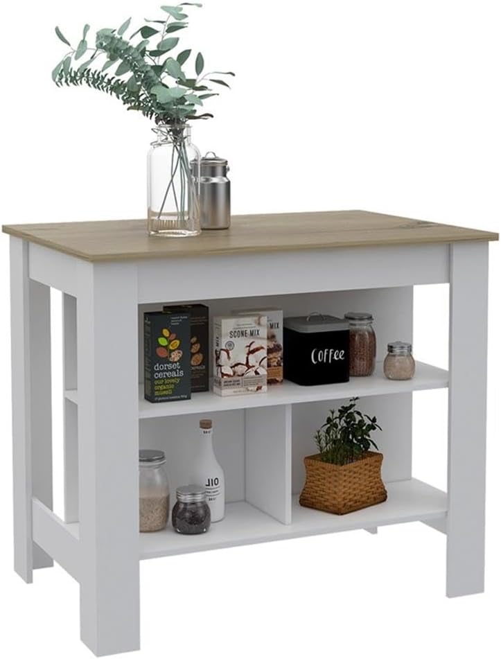 Pemberly Row Modern Engineered Wood Kitchen Island, White Base Light Oak Top, 40.5" W x 27.5" D x 35.5" H, 3 Shelves, Spacious Prep Area, Compact Storage, Stylish Multi-Color Meal Prep Station