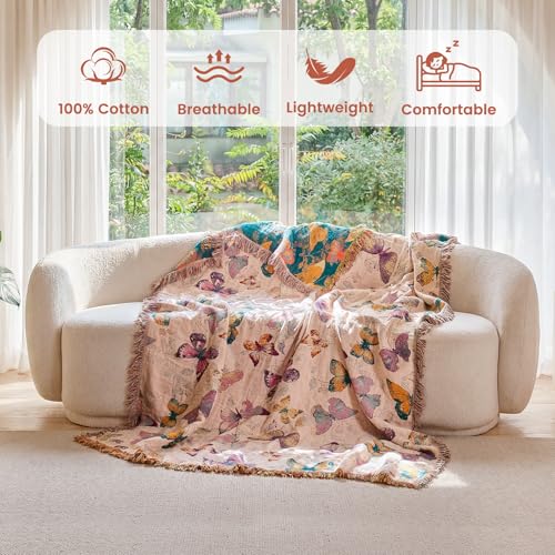 Image of MSGKV Boho Throw Cotton Butterfly Blanket 60 inchx80 inch for Couch Sofa Decor