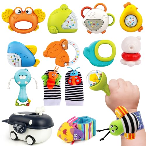 Ensemble de 14 hochets pour bébé - Jouet pour nouveau-né - Chaussettes avec boîte de rangement - Jouet pour bébé de 0 à 12 mois - Cadeau Montessori pour garçons et filles
