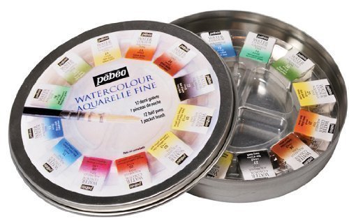 Aquarelle Pebeo en demi-godets : boîte métal ronde de 12 couleurs avec pinceau