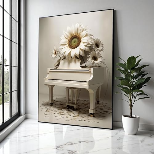 Piano blanc et tournesol décoration murale haut de gamme pour intérieur chic et épuré