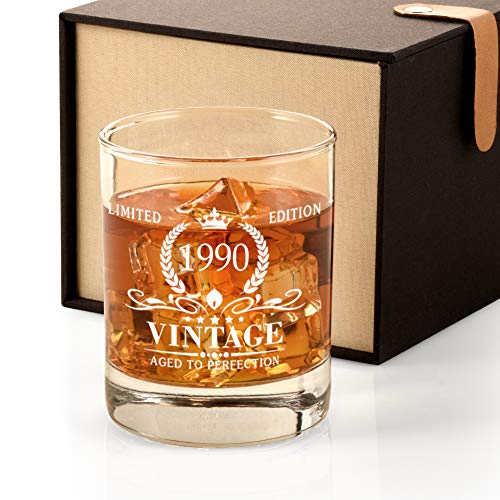 30th Birthday Gifts for Men, Vintage 1990 Whiskey Glass Funny 30 Birthday Gift