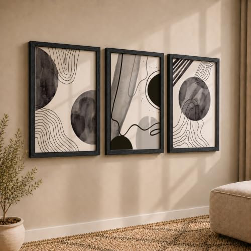 Image of NoWorries Set of 3 Black & White Abstract Line Art Paintings | Framed Wall Decor for Home & Office - Modern Pattern Line Art Prints, (Art-18, 10x13inch)