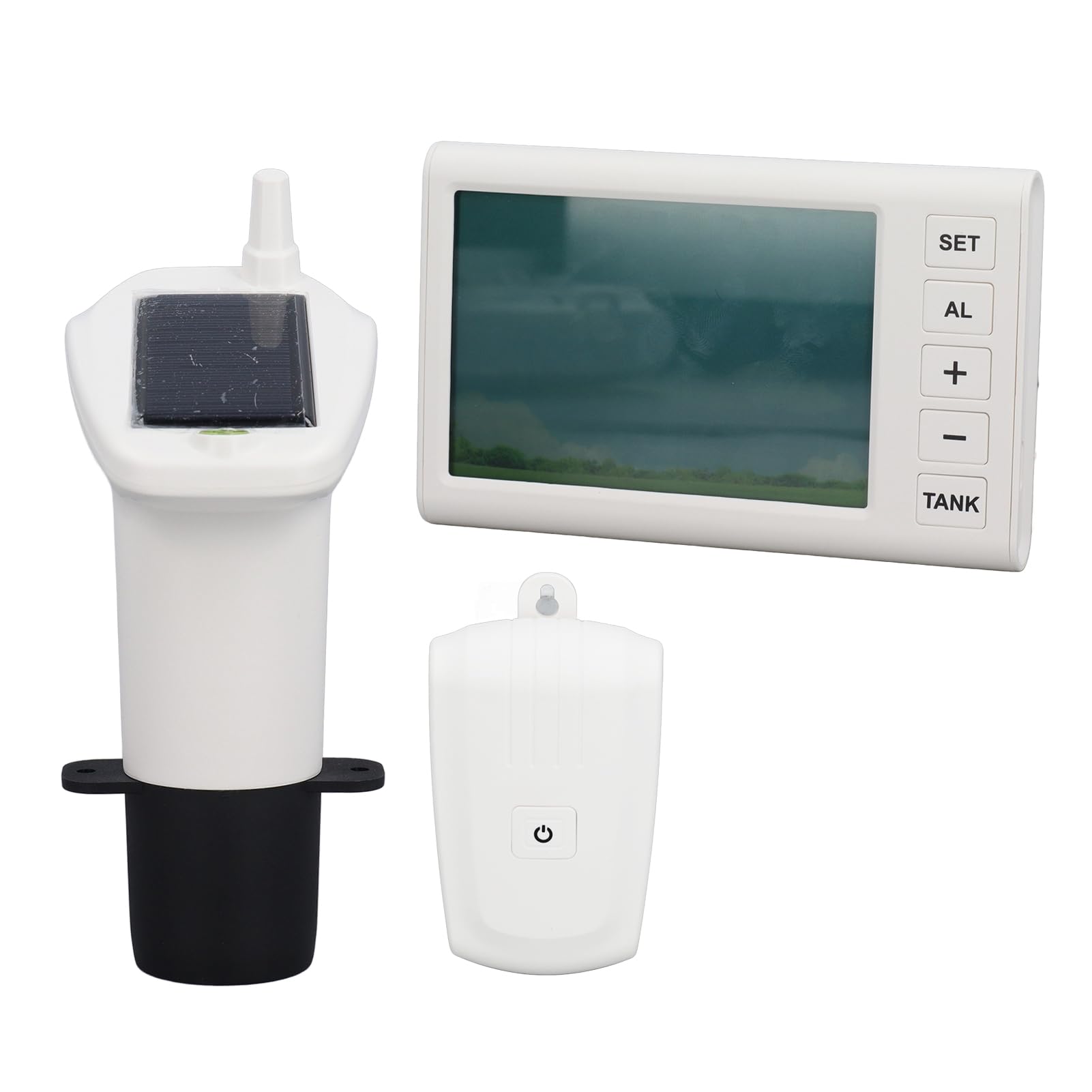 Luocute Sensor de Nivel Ultrasónico AC110-230V | Medidor de nivel de líquido inalámbrico WiFi con carga Solar para tanque de agua, pantalla 3 en 1 alarma alta y baja, caja
