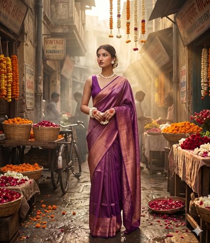 Image of Flosive Purple Color Banarasi Saree for Women with Rich Pallu & Contrast Border
