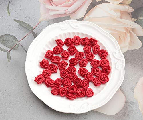 Ruwado 50 pcs Satin Ribbon Roses Mini Flowers Boutique Applique Sewing Embellishment Supplies for DIY Craft Project Scrapbooking Wedding Theme Parties Home Decoration (Red)