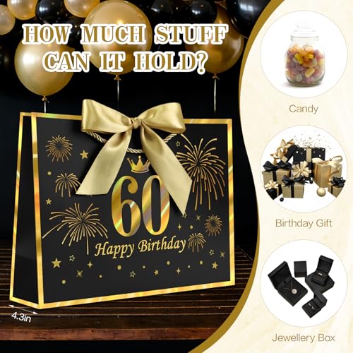 Image of JMANNI Black Gold 60th Birthday Gift Bag with Card and Tissue Paper, 12.6 inchx9.84 inchx3.9 inch Elegant Present Bag for Men Women, 60 Year Old Birthday Keepsake Party Supplies