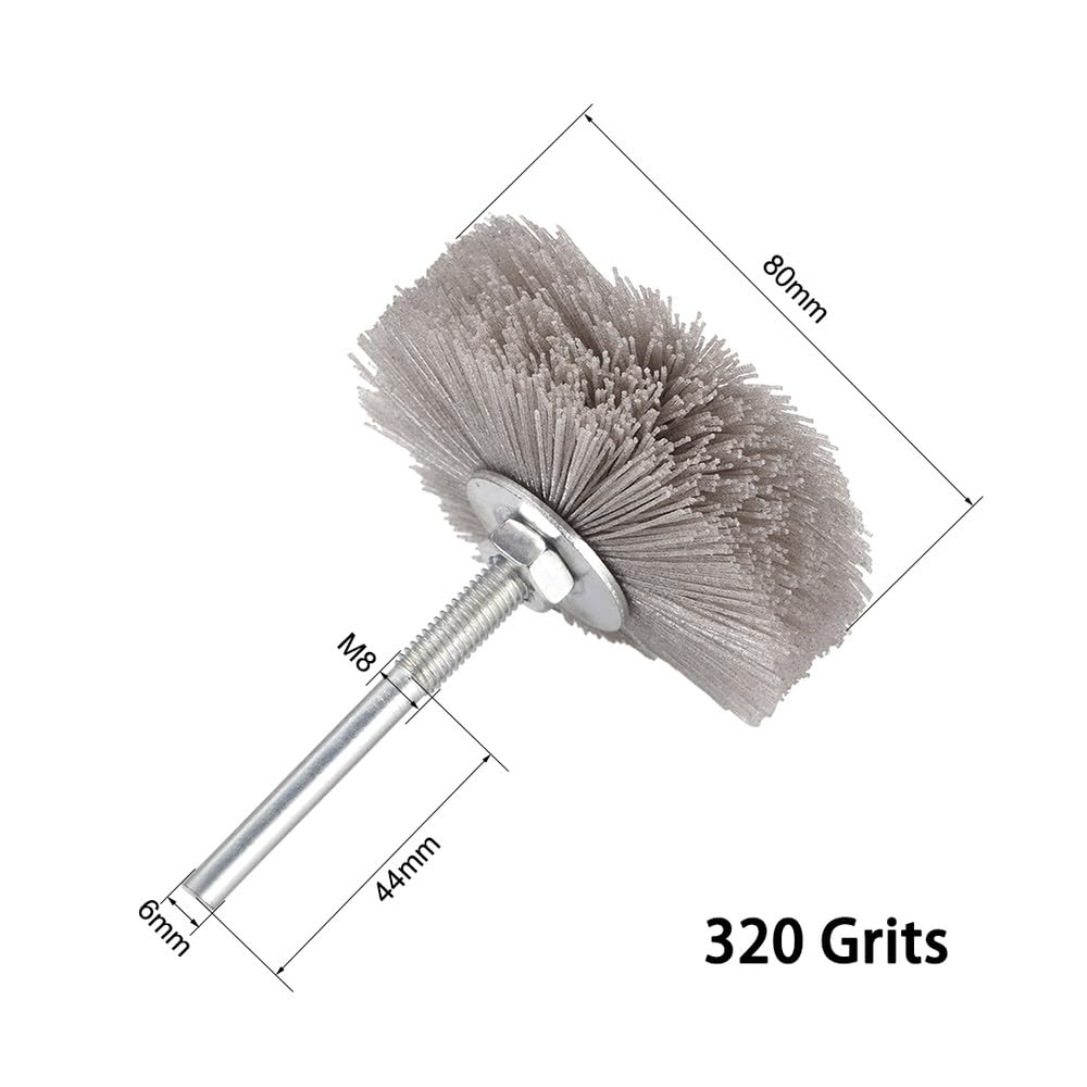 3 pezzi 80#-320# Spazzola per ruote in nylon per levigatura Utensile abrasivo Spazzola per lucidatura mobili in legno Gambo da 6 mm Diametro 80-82 mm Testa smerigliatrice, 3 pezzi, grana 320