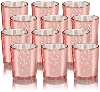 Rosegold Votive Candle Holders, Mercury Glass Tealight Candle Holder Set of 12, Perfect Centerpieces for Wedding, Party, Home Decor (Rose gold)