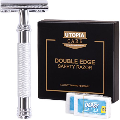 Double Edge Safety Razor with 20 Derby Blades - Chrome Finish 4 inch Long Handle, Rust Free and Unbreakable - By Utopia Care