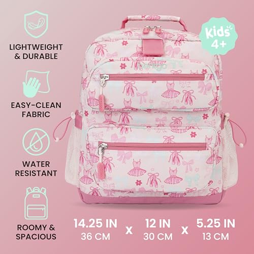 Image of Bentgo Kids Print Backpack - Lightweight 14 inch Backpack for School, Travel & Daycare, Ideal for Ages 4+, Durable & Water-Resistant, Roomy Interior, & Loop for Lunch Bag (NEW Ballet & Bows)