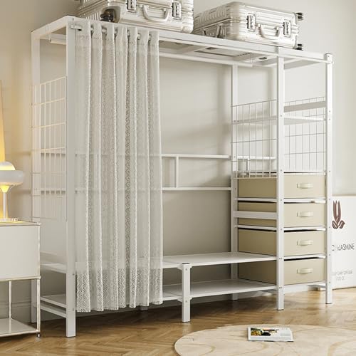 Generico Armadio Guardaroba Resistente con Tenda, spazioso Appendiabiti per Camera da Letto, 4 Ripiani Aperti e 6 cassetti, Bianco, 168x50x170 cm - Soluzione di archiviazione Durevole