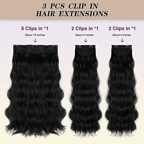 DeeThens Clip in Black Hair Extensions Wavy Long Hair Extensions for Women 3pcs Synthetic Hairpiece Invisible Wavy Clip Extensions