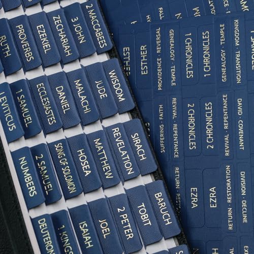Image of UPAFEXXI-Leather Bible Tabs with Book Summaries, Gold Foil Lettering | Bible Tabs for Women and Men, Large Print Stickers, Easy to Read and Apply, 80 Chapters Labels for Easy Navigation(Blue)