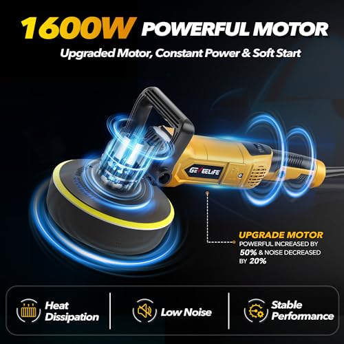 Image of GEVEELIFE Buffer Polisher, 6 Inch /7 Inch 1600W Rotary Car Buffer Polisher Waxer, 7 Variable Speed 1000-3500 RPM, Detachable Handle for Car, Boat Sanding, Polishing, Waxing(Yellow)