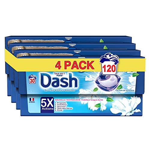 Dash Tout-en-1 PODS Lessive En Capsules, 120 Lavages (4x30 Tablettes), Air Frais Et Fleurs Blanches, Ultra Nettoyant Et Fraîcheur Longue Durée, Élimine Les Saletés et Taches, Fabriqué en France