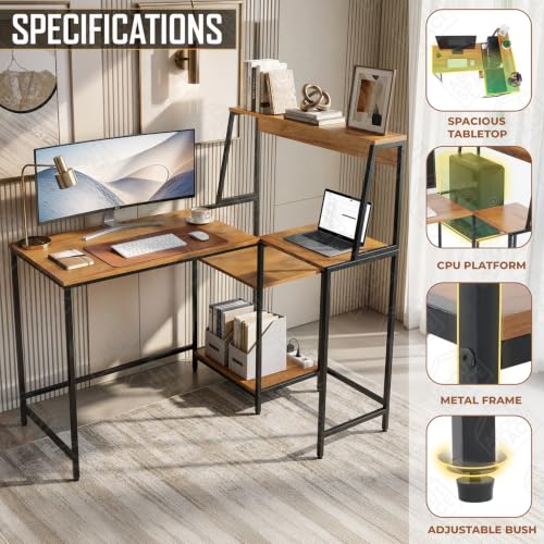Image of ABOUT SPACE Study Table -L-Shaped Computer Table with Tower & Bottom Storage -Metal Frame Gaming Desk with CPU Stand-Office Desk for Laptop, PC-Engineering Wood (Teak - L 114 x B 89 x H 117cm)
