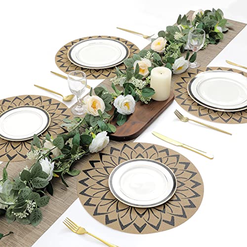 Shacos HU-XI-201 Round Vinly Placemats Set Of 6 Boho Flower Print Place Mats Wipeable Non Slip Stain Heat Resistant Woven Table Mats Indoor Outdoor thumb #6