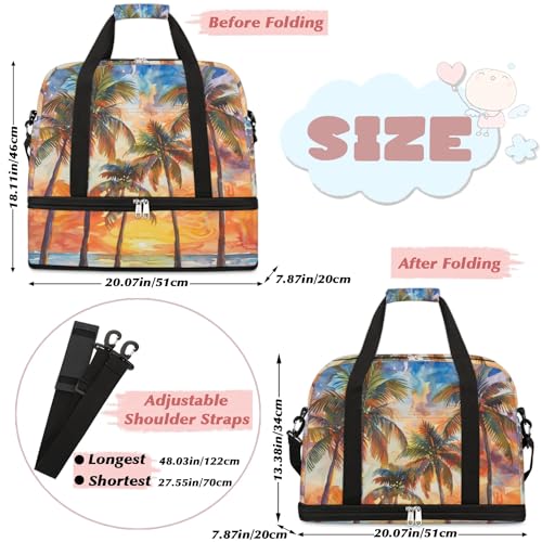Travel Duffel Bag with Shoe Compartment, Sunset Palm Trees Shoulder Weekender Bags for Women, Foldable Waterproof Travel Bag Carry on Bag2