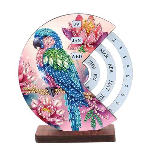 Image of AiYuanzsh 3D Diamond Art Tabletop Calendar, DIY Wooden Desk Ornament with Parrot and Flower Design, Sparkling Diamond Painting Kit for Desktop Decoration & Gifts