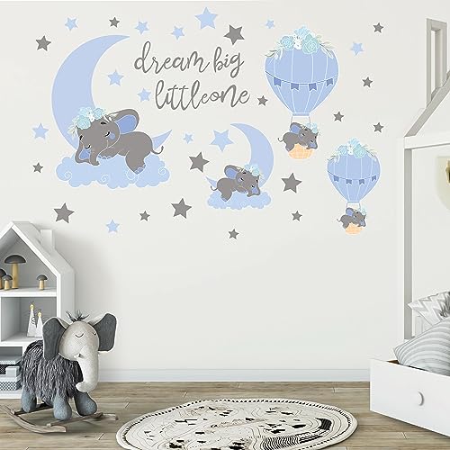 Image of TALLSOCNE Dream Big Little One Elephant Wall Stickers,Baby Room Decor Blue Moon Hot Air Balloon Grey Stars Wall Decals for Nursery Wall Stickers Kids Room Living Room Bedroom Home Decorations
