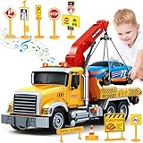 Kids Toys for 3 4 5 6 7 Years Old Boys, 15' Large Tow Truck Toy, Friction Powered Transport Truck Crane Vehicle Toy with Lights and Sounds, Racing Car, Traffic Signs, Birthday Gifts for Boys Girls